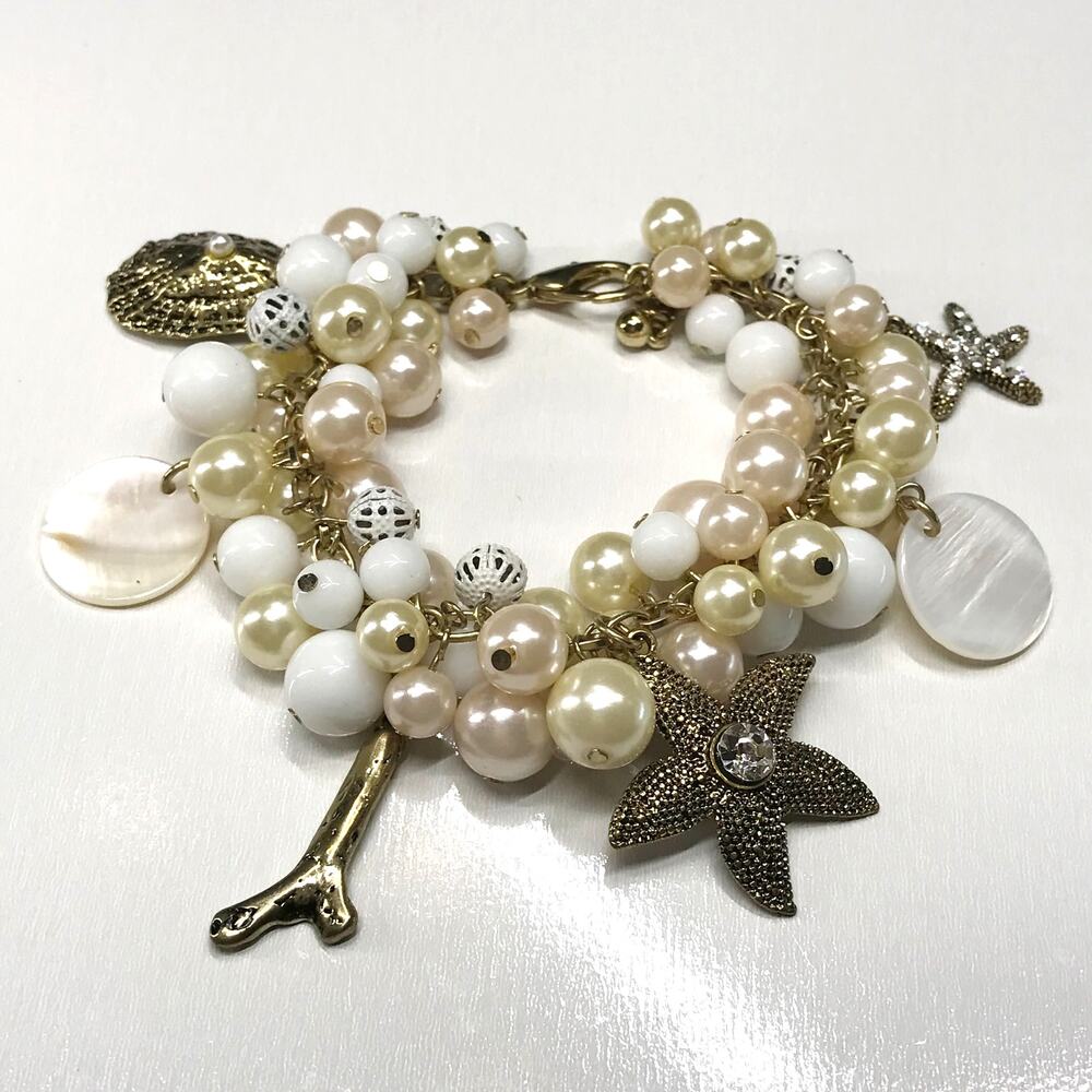 Vintage Cha Cha Beaded Sea Shell Starfish Pearl Oversized Runway Bracelet